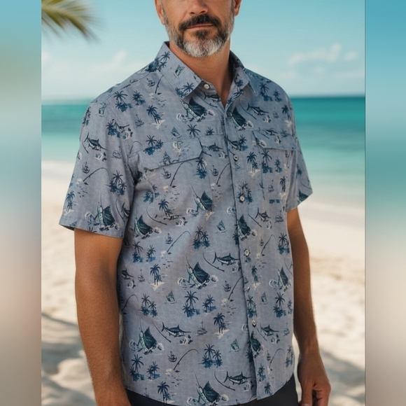 IZOD Saltwater Other - IZOD SaltWater - Blue Button Down, Short Sleeve Shirt, Fishing Theme Print, XXL